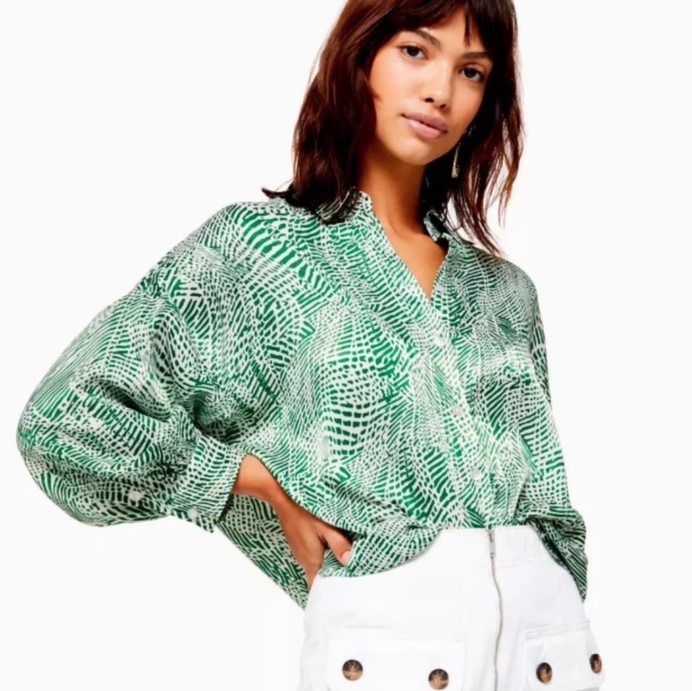 Topshop Zebra Print Satin Blouse in Green